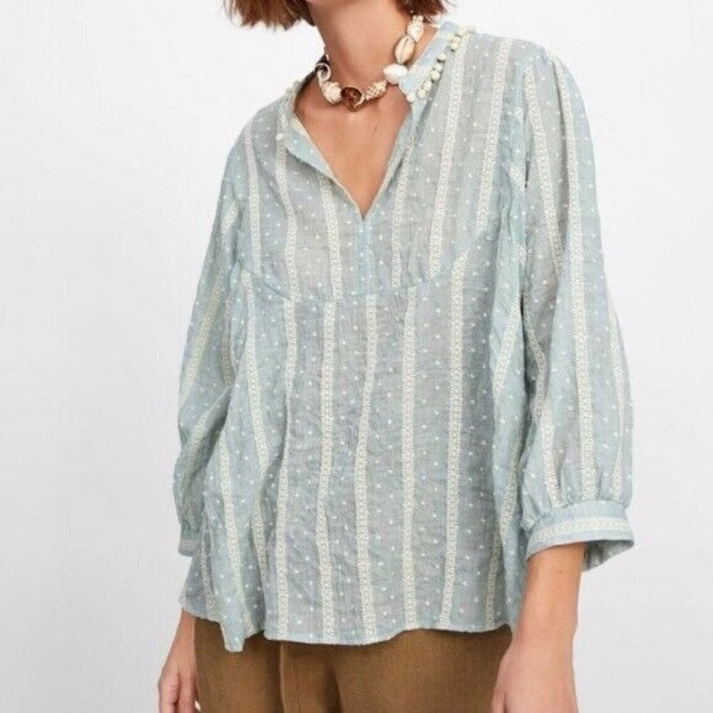 Zara Blue Green Embroidered Pom Pom‎ Neck Embroidered Eyelet Blouse Size XS